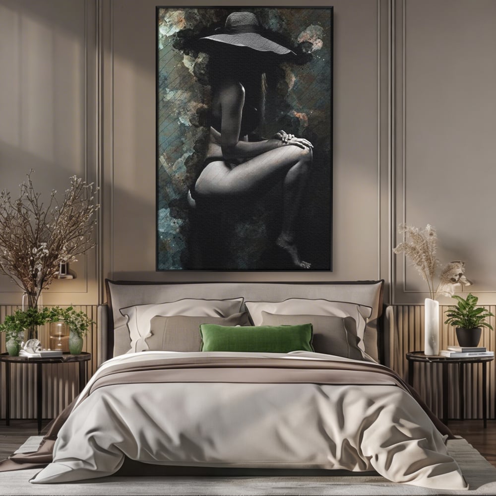 Tablou canvas cu tablou canvas cu silueta feminina, in rama de aluminiu negru, pe perete intr-un dormitor